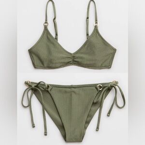 NWT Aerie FULL SET Beach Babe Shine Rib Voop Top + Tie Bottoms Olive Green - M